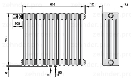 Схема (чертеж) Радиатор Zehnder Charleston 5090/14 №V007 Белый глянцевый RAL 9016